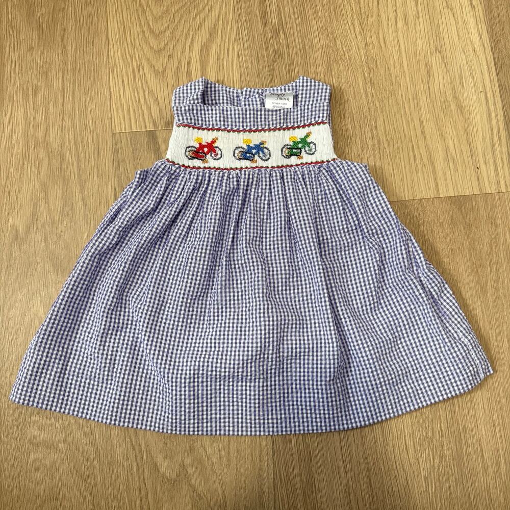 Simply Smock Blue Gingham Smocked Dress with Bicycle Embroidery Size 6 Months